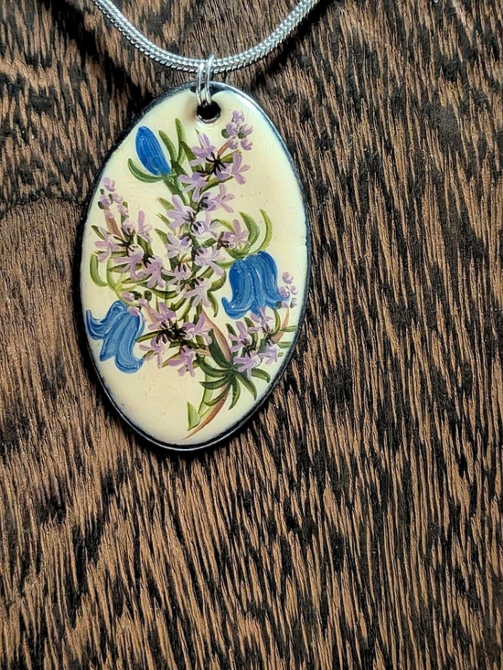 Vintage Hand-Painted Enamel Scottish Floral Pendant Necklace Bluebell Heather